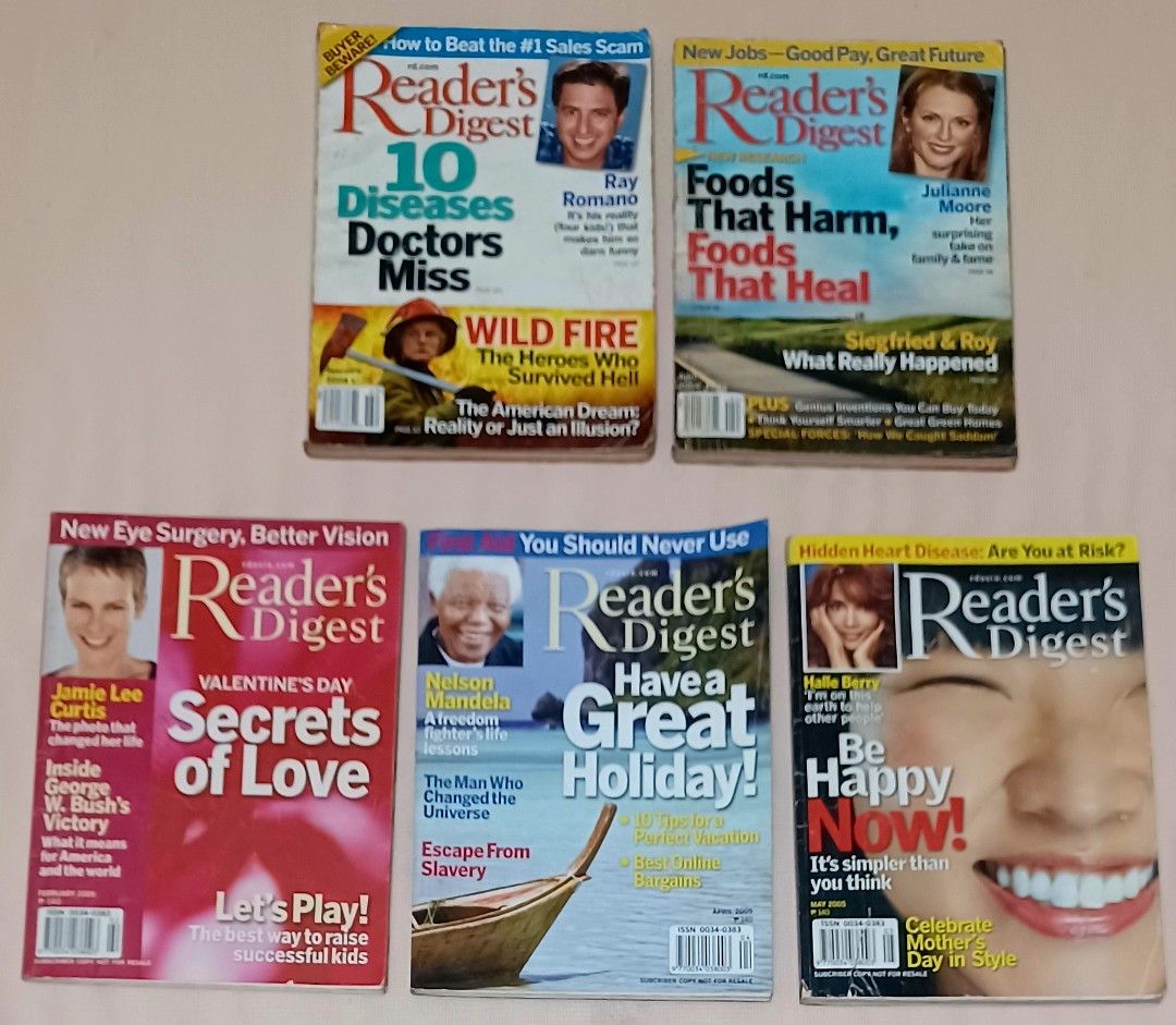 Reader’s Digest Magazines Bundle (5 Issues) (Category: Magazines) located in Quezon City. Submitted by wjmae (Listing ID 1446794216, Image 1). Description: Great mix of classic informative reading – perfect for casual readers and collectors! ✅ ISSUES INCLUDED: - February 2004 ​ - April 2004 ​ - February 2005 ​ - April 2005 ​ - May 2005 ✅ CONTENT: Filled with well‑written articles on health, lifestyle, true stories, inspiration, science, practical