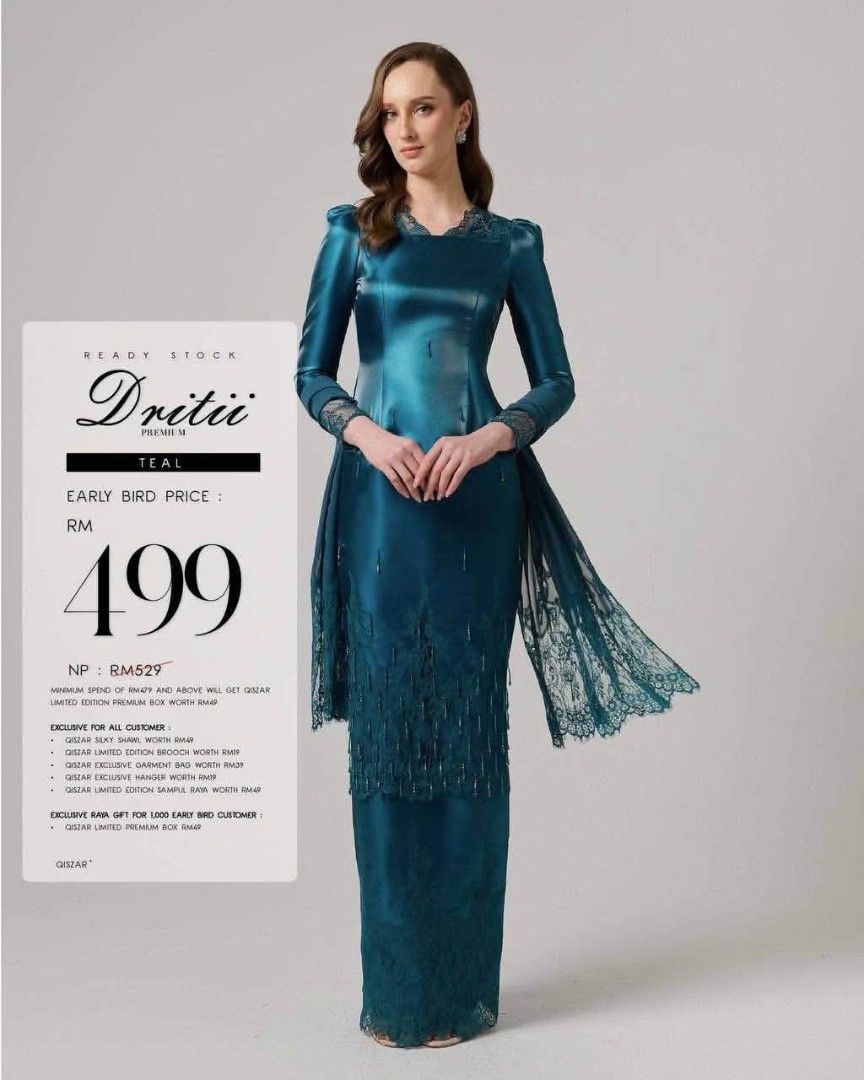 [RENT] Qiszar Dritii Premium Teal M (Category: Baju Kurung & sets) located in Kuala Terengganu. Submitted by matthiasjsjs_ (Listing ID 1446828875, Image 1). Description: RENT RM80 Security Deposit: RM50 (Refundable upon return of item in good condition) pickup | postage Pickup Area Kuala Terengganu.