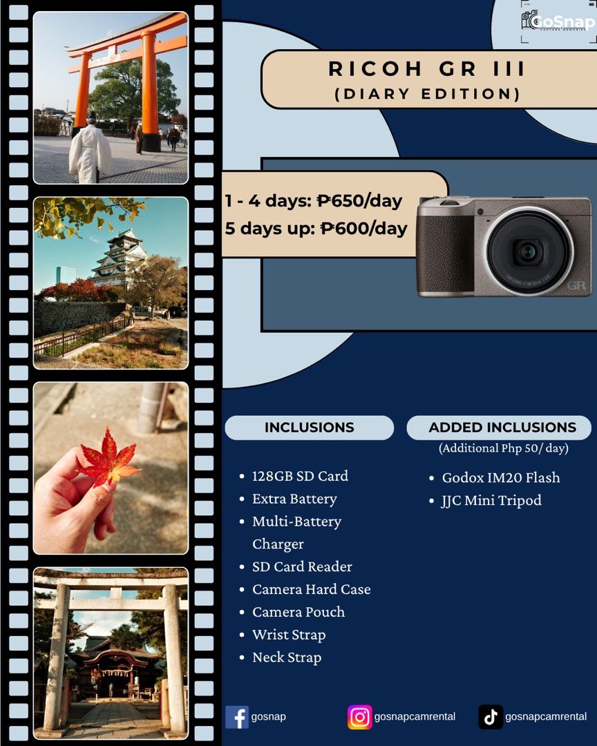 Ricoh GR 3 for rent (Category: Cameras) located in Manila. Submitted by randomguy890 (Listing ID 1446826953, Image 1). Description: For rent: 1-4days- 650/day 5days &up - 600/day Inclusions: 128GB SD Card Extra Battery Multi-Battery Charger SD Card Reader Camera Hard Case Camera Pouch Wrist Strap Neck Strap .