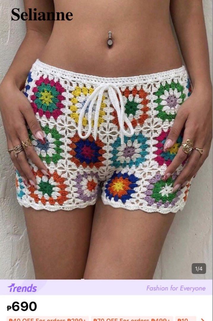 Selianne Crochet Granny Square Shorts (Category: Shorts) located in Pasig City. Submitted by Declutterwithme0831 (Listing ID 1446733991, Image 1). Description: - Adorable crochet shorts with a vibrant granny square design. - Features a white drawstring for adjustable comfort. - Ideal for beach outings, festivals, or as a unique fashion statement. - Estimated size: Small to Medium (tag not specified). Fit up to size 30 waist .