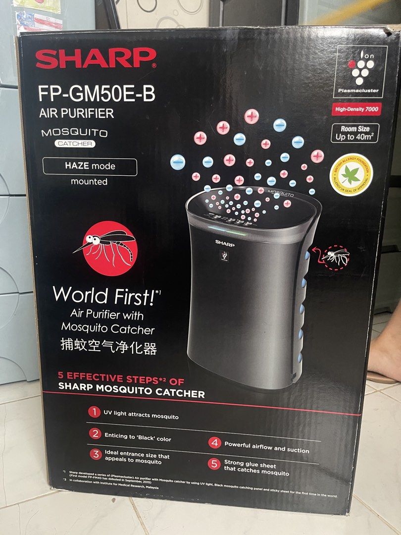 SHARP FP-GM50E-B Air Purifier Mosquito Catcher Plasmacluster (Category: Air Purifiers & Dehumidifiers) located in Manila. Submitted by chizbasbas10272 (Listing ID 1446746879, Image 3). Description: - Sharp Air Purifier with Mosquito Catcher - Plasmacluster Ion Technology for cleaner air - Haze Mode for tough air quality issues - Covers room sizes up to 40m² - UV light attracts mosquitoes - Innovative design traps mosquitoes effectively - Powerful