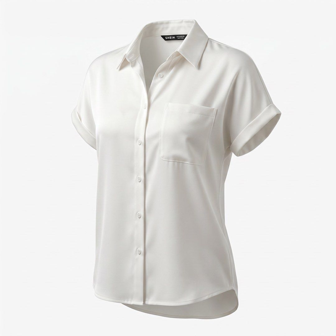SHEIN White Short Sleeve Button Up Shirt (Category: Shirts) located in Pasig City. Submitted by p_r23 (Listing ID 1446803286, Image 1). Description: - SHEIN white short sleeve button-up shirt - Features a pocket on the left chest - Cuffed sleeves for a stylish detail - Relaxed fit for comfort - Versatile for casual or dressed-up occasions.
