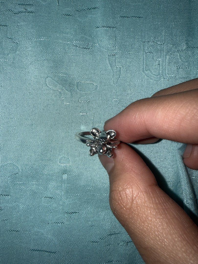 Silver Mouse ring (Category: Rings) located in Singapore. Submitted by gilebabi (Listing ID 1446861472, Image 1). Description: - Cute silver ring - Features a central skull design - Adorned with surrounding flower details - Unique and edgy aesthetic - Perfect for gifting or personal treat.
