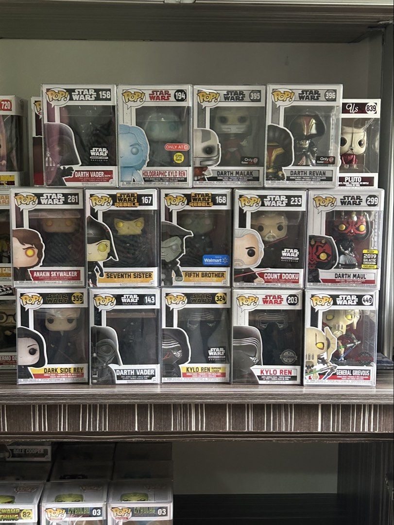 Star Wars Sith Funko Pops (Category: Designer & Blind Box Toys) located in Quezon City. Submitted by any.every (Listing ID 1446834435, Image 1). Description: brand new in mint condition with protectors Darth Vader Bespin - 1800 Holo Kylo Ren GITD - 1800 Darth Malak - 1400 Darth Revan - 2500 Anakin Dark Side - sold Seventh Sister - 1000 Fifth Brother - 1000 Count Dooku - sold Darth Maul - 1400 Dark Side Rey - 400 Darth Vader Rogue One - 900 Kylo R
