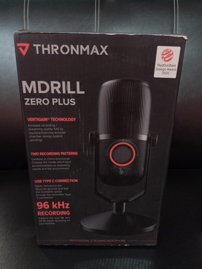 Thronmax Mdrill Zero Plus Condenser Microphone (Category: Microphones) located in Cordon. Submitted by jake4_ (Listing ID 1446797229, Image 1). Description: Brand: Thronmax Model: Mdrill Zero Plus Type: Condenser Microphone Color: Jet Black FEATURES: ✔ High-definition Studio Grade Recording ✔ 2 Recording Patterns (Cardioid and Omnidirectional) ✔ Smart Knob Controlling ✔ 96KHZ 24BIT Recording ✔ 3.5mm socket for Audio Monitoring ✔ Type-C socket to 