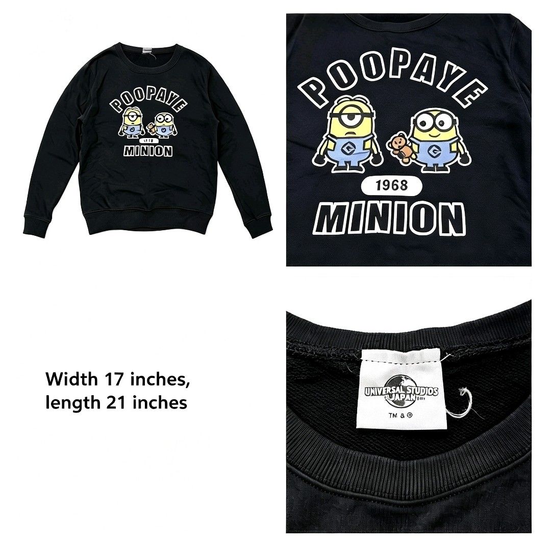 Universal Studios Japan Minion Sweatshirt for Kids (Category: Babies & Kids Fashion) located in Compostela. Submitted by retrocebu (Listing ID 1446850328, Image 1). Description: width 17" length 21" sleeve length 21" lightly used minor cracking on print barely noticeable 180+sf loc compostela cebu.