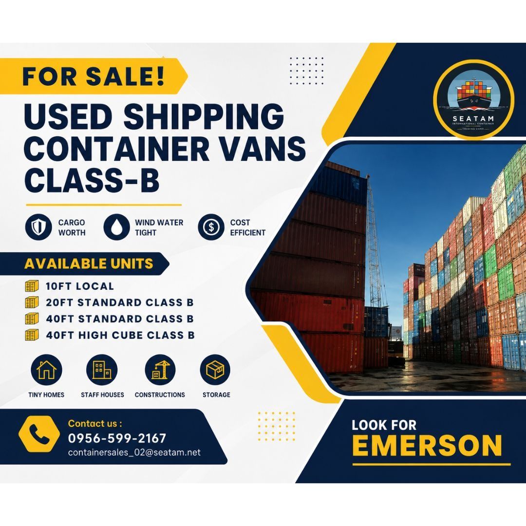 Used Shipping Container Vans Class-B for Sale (Category: Construction & Building Materials) located in San Jose del Monte. Submitted by seatam_emerson (Listing ID 1446736754, Image 1). Description: - Used Shipping Container Vans for Sale (Class B) - Available Sizes: 10ft (Local), 20ft Standard, 40ft Standard, 40ft High Cube - Condition: Cargo-worthy, Wind & Water-tight - Ideal Uses: Tiny Homes, Staff Houses, Construction Sites, Storage Solutions 