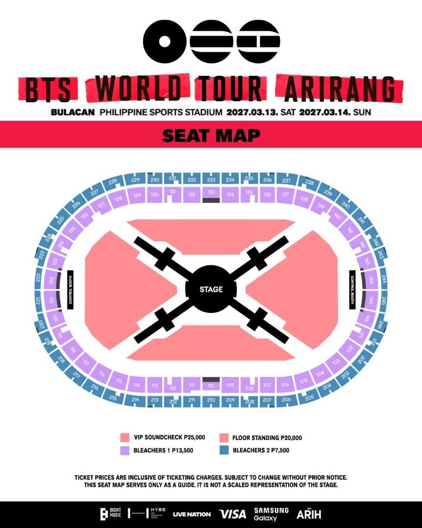 VIP SC/FLOOR BTS ARIRANG BULACAN (Category: Events Tickets) located in Manila. Submitted by kaymi1221 (Listing ID 1446770976, Image 1). Description: SELLING BTS BULACAN BLEACHER 1 FLOOR VIP SC MEETUP/SURRENDER TM ACCOUNT.