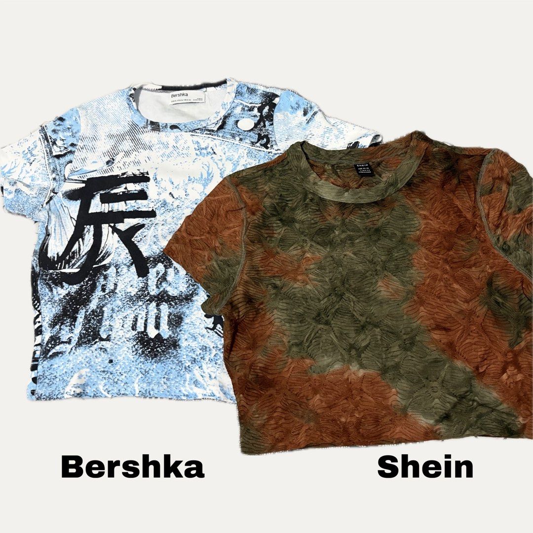 y2k tops bundle (Bershka & Shein) (Category: Shirts) located in Santo Tomas. Submitted by ymm0210 (Listing ID 1446824923, Image 1). Description: STILL GOOD AS NEW NO FLAWS - Bundle includes 2 y2k tees. - Bershka tee: Blue and black abstract design. - Shein tee: Textured brown and green tie-dye pattern. - Both are short-sleeved with crew necks. - Ideal for casual everyday wear. .
