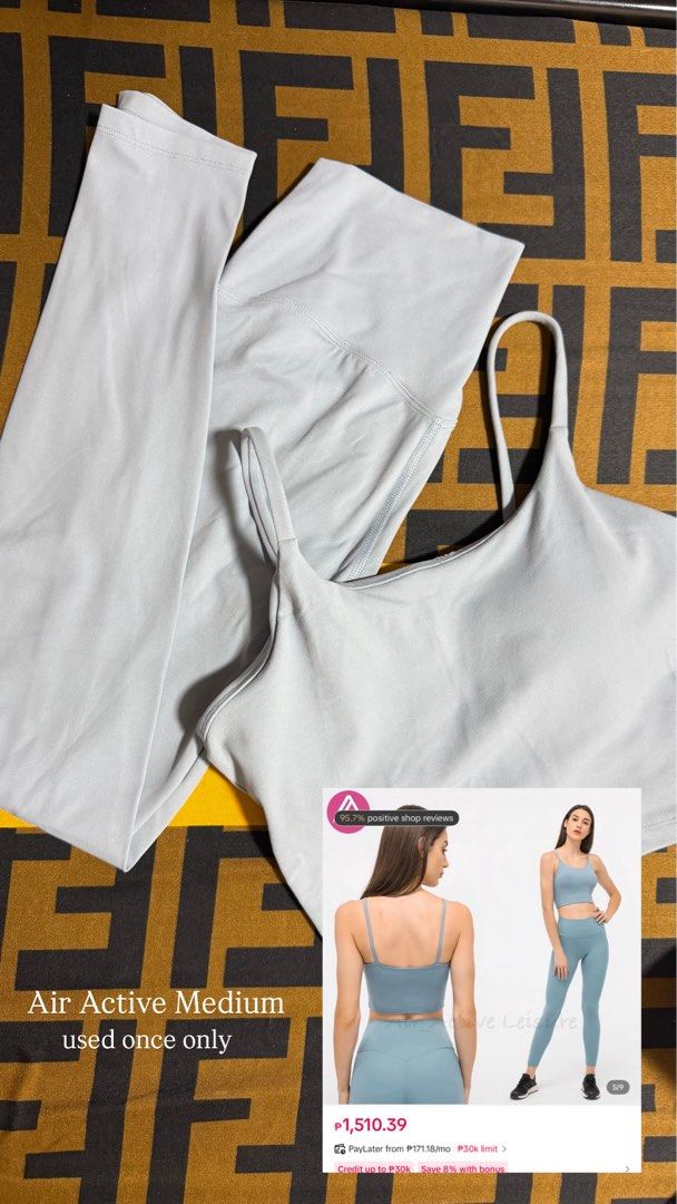 GYM/PILATES ACTIVEWEAR FOR TAKE ALL (Category: Activewear) located in Manila. Submitted by shbrigette (Listing ID 1441944184, Image 1). Description: TAKE ALL FOR 1,700 Light blue sports bra and leggings set. Air Active brand. Size Medium. Worn only once. Great for workouts or lounging. Comfortable and breathable material. Selling as a set. .