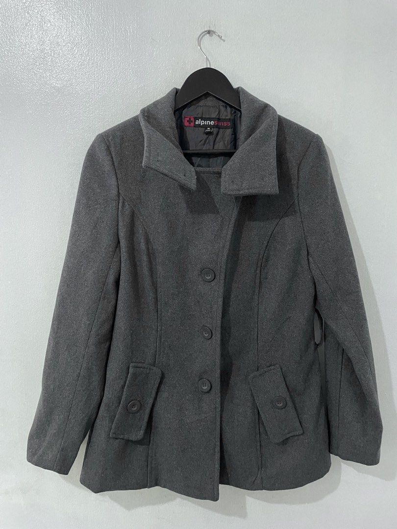 Alpine Swiss womens medium large wool grey winter coat jacket (Category: Coats, Jackets and Outerwear) located in Quezon City. Submitted by johnofmanila (Listing ID 1441852366, Image 1). Description: Dimes 19 pit to pit 27 length body 16 shoulder to shoulder Medium to Slim Large only Wool Polyester material Condition Excellent! Item storage code b38.