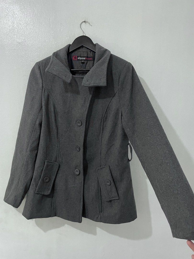 Alpine Swiss womens medium large wool grey winter coat jacket (Category: Coats, Jackets and Outerwear) located in Quezon City. Submitted by johnofmanila (Listing ID 1441852366, Image 2). Description: Dimes 19 pit to pit 27 length body 16 shoulder to shoulder Medium to Slim Large only Wool Polyester material Condition Excellent! Item storage code b38.