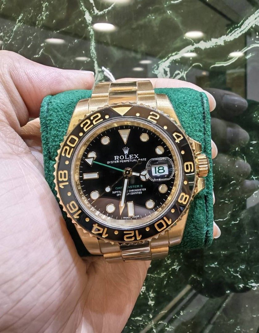 April 2019 Rolex GMT master 2 full yellow gold Black dial ceramic 116718ln (Category: Watches) located in Singapore. Submitted by hengwatch (Listing ID 1441905412, Image 1). Description: Rolex GMT master 2 full yellow gold Black dial ceramic model 116718ln very mint condition with protection film applied comes with box and cert dated April 2019 selling for $49400 hsbc and standard chartered and dbs and uob and OCBC ipp available 6/12/24 months OC