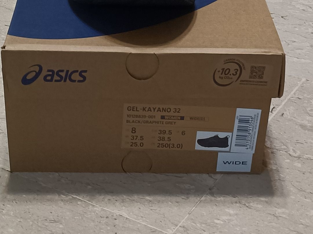 ASICS Gel-Kayano 32 Wide Running Shoes Black (Category: Sneakers) located in Singapore. Submitted by 01yay (Listing ID 1441794437, Image 3). Description: - ASICS Gel-Kayano 32 running shoes - Color: Black/Graphite Grey - Size: US Women's 8 - Fit: Wide - Includes original box - Perfect for running or everyday use.