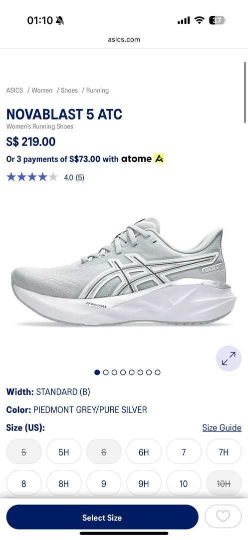 BNIB ASICS NOVABLAST 5 ATC Women's Running Shoes (Category: Sneakers) located in Singapore. Submitted by iliketehbing (Listing ID 1441848990, Image 1). Description: BRAND NEW NOT WORN comes with the box! Original price is $219 but I’m letting go at $150 It’s way too small for me 😭😭 - ASICS NOVABLAST 5 ATC Women’s Running Shoes - Color: Piedmont Grey/Pure Silver.