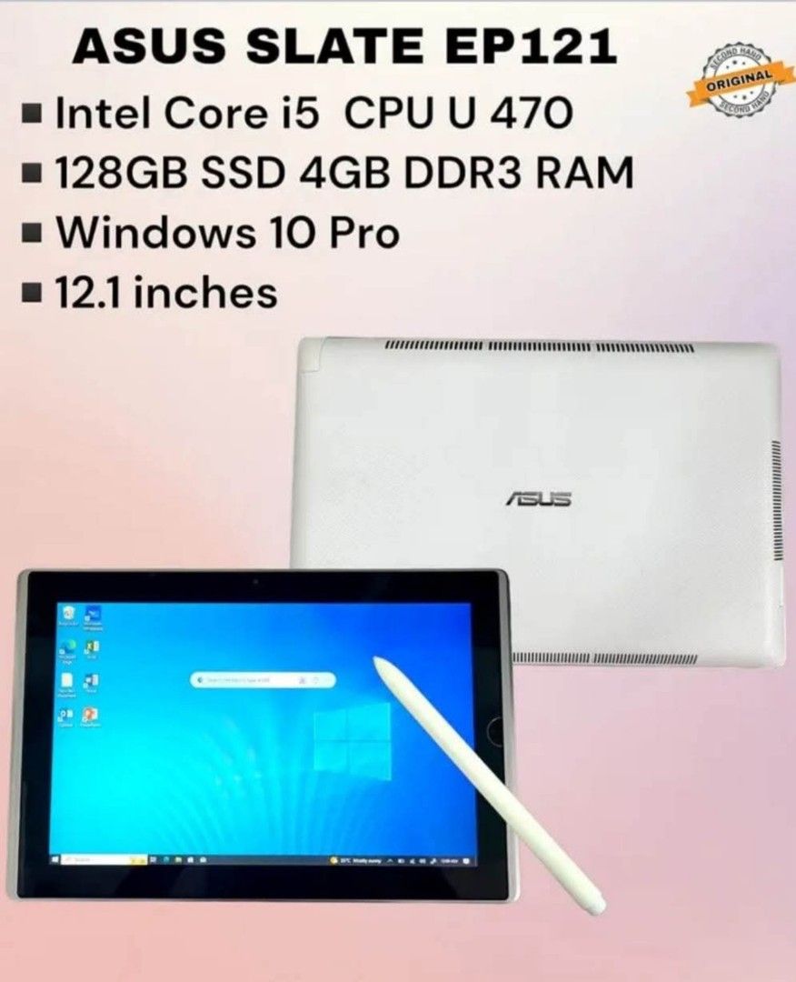 ASUS Slate EP121 Tablet Intel Core i5 128GB SSD Windows 10 Pro (Category: Laptops & Notebooks) located in Naga. Submitted by nobita_1807 (Listing ID 1441895564, Image 1). Description: - ASUS Slate EP121 Tablet - Processor: Intel Core i5 CPU U 470 - Storage: 128GB SSD - RAM: 4GB DDR3 - Operating System: Windows 10 Pro - Screen Size: 12.1 inches - Includes: Stylus - Ideal for: Work and School issue.di matouch ng kamay ang lower part n,pag gagamitan