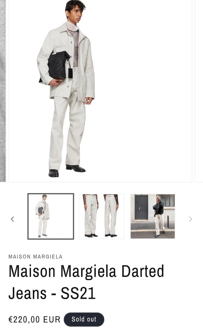 AUTHENTIC MAISON MARGIELA DARTED JEANS SS21 (Category: Luxury Apparel) located in Manila. Submitted by bvnnie (Listing ID 1441835383, Image 1). Description: AUTHENTIC MAISON MARGIELA DARTED JEANS SS21 Color: Off White Waistline/Widht:34 Lenght Waistline to Bottom:42 Leg opening:8.5 Actual fittings is XL Excellent Condition Issue,0 Message if you have any other question about sizing. We do shipping nation wide I'm also open for video call so that 