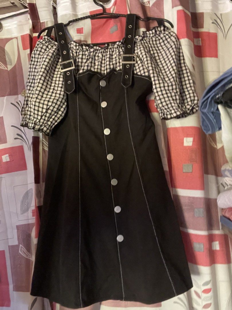 Black Gingham Off-Shoulder Puff Sleeve Button Front Dress (Category: Dresses) located in Manila. Submitted by minchaemin (Listing ID 1441965907, Image 2). Description: - Cute black dress - Gingham puff sleeve top - Off-shoulder design - Buckle strap detail Off shoulder black dress Waist 28in Bust 28in Length 30in 📍Tondo, Manila 🚚 Lalamove/SDD 💳 Bank transfer .