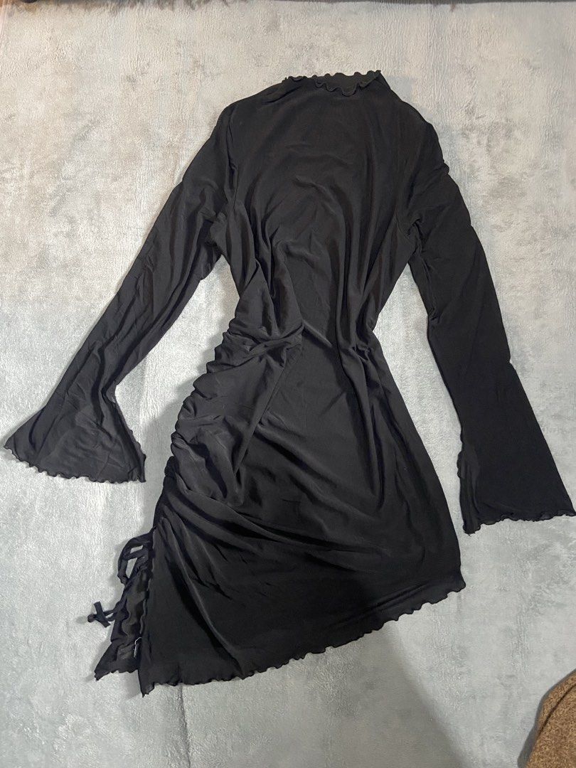 Black Mesh Ruched Long Sleeve Dress (Category: Dresses) located in Tanay. Submitted by Bunnylight (Listing ID 1441891597, Image 2). Description: - Black mesh long-sleeve dress - High neckline - Side ruching with drawstring - Asymmetrical hemline - Modern and chic design - Perfect for layering or wearing alone.