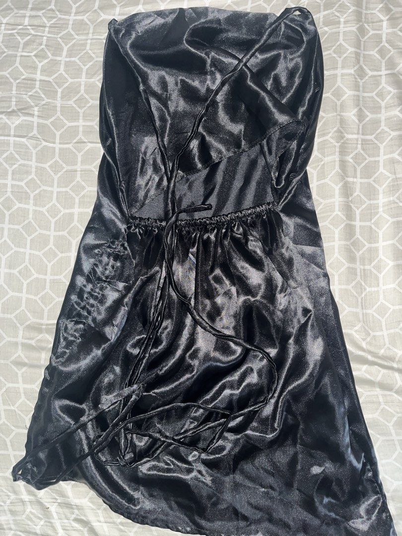 Black Satin Slip Dress with Tie Back (Category: Dresses) located in Manila. Submitted by arkhlves (Listing ID 1441916113, Image 2). Description: - Black satin slip dress - Spaghetti straps - Adjustable tie back detail - Fits like a size Small or Medium - Ideal for a night out or layering Size (Inches) L 27.5 W 18.