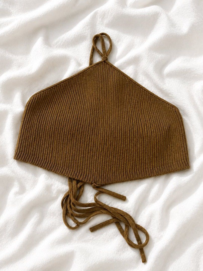 Brown Ribbed Knit Halter Top with Tie Back (Category: Sleeveless) located in Mandaluyong City. Submitted by lysfiles (Listing ID 1441929744, Image 1). Description: 📩: dm for more pics rfs: decluttering.