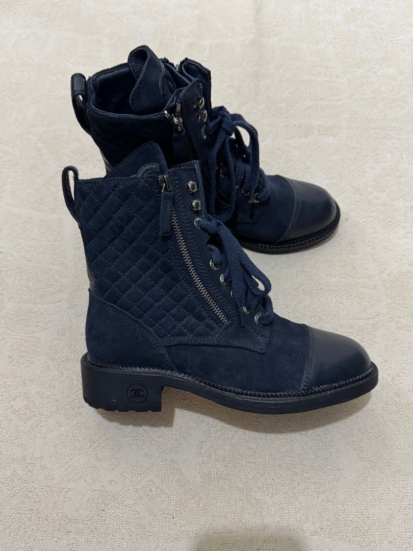 Chanel Quilted Combat Boots Navy Blue Suede (Category: Sneakers & Footwear) located in Angeles City. Submitted by luigisells (Listing ID 1441867343, Image 1). Description: size 39 Excellent Condition Issue/s: see 2nd pic Gcash / Bank Transfer from Angeles City, Pampanga.