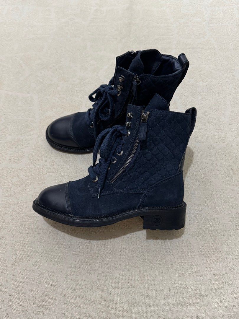 Chanel Quilted Combat Boots Navy Blue Suede (Category: Sneakers & Footwear) located in Angeles City. Submitted by luigisells (Listing ID 1441867343, Image 3). Description: size 39 Excellent Condition Issue/s: see 2nd pic Gcash / Bank Transfer from Angeles City, Pampanga.