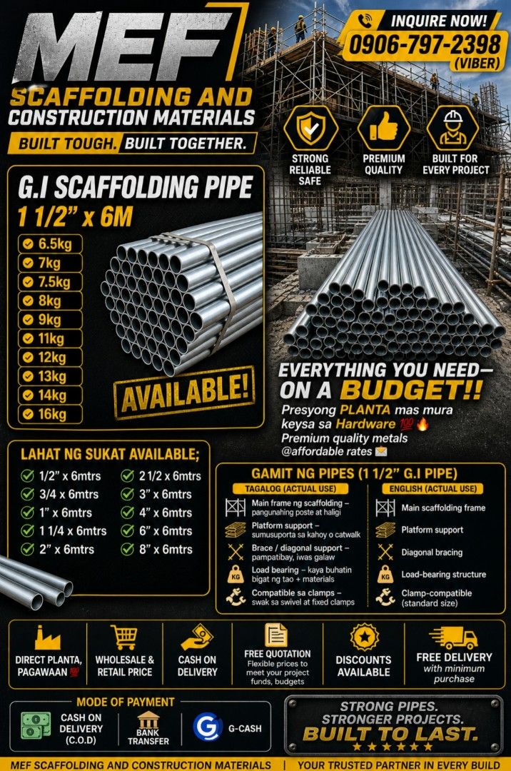 Construction Materials, GI PIPE, SCAFFOLDING (Category: Construction & Building Materials) located in Caloocan City. Submitted by mefscaffoldingandconstruction (Listing ID 1441837954, Image 2). Description: We deliver and accept COD mode of payment Construction Materials Supplier 📢 -0 9 0 6 7 9 7 2 3 9 8 - V i b e r / Call For faster transaction, delivery and discounts 😊❤️‍🔥.