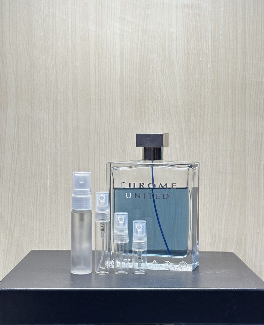 DECANT: Azzaro Chrome United EDT( 2ml,3ml,10ml) (Category: Fragrance & Deodorants) located in Rizal. Submitted by fougere_ (Listing ID 1441957696, Image 1). Description: 100% Authentic Genuine Original. This fragrance centers around a crisp bergamot opening that shifts into green violet leaf and a dry black tea note, anchored by a light cedar-and-musk base. It maintains a fresh, breezy, and ozonic presence on the skin. I do not use nor sell count