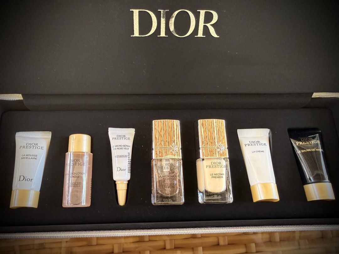 Dior Prestige Skincare Miniatures Set (Category: Face Care) located in Las Pinas. Submitted by jackielynneleal (Listing ID 1441857943, Image 1). Description: - Complete Dior Prestige skincare set - Includes: La Mousse Micellaire, Lotion, Micro-Sérum, L'Or de Vie La Crème, Le Baume - Bonus: 2 additional miniatures - Comes in an elegant Dior case - Ideal for travel or experiencing the full Dior Prestige line.