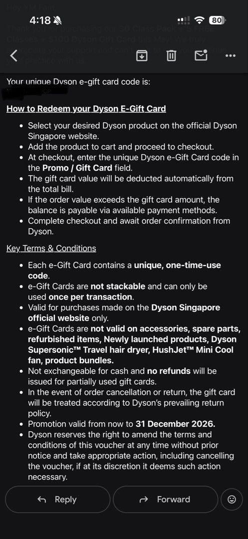 Dyson $100 E-Gift Code (Category: Vouchers) located in Singapore. Submitted by proseccopop (Listing ID 1441858226, Image 2). Description: - $100 Dyson E-Gift Code - Redeemable for Dyson products - Perfect for purchasing Dyson appliances.