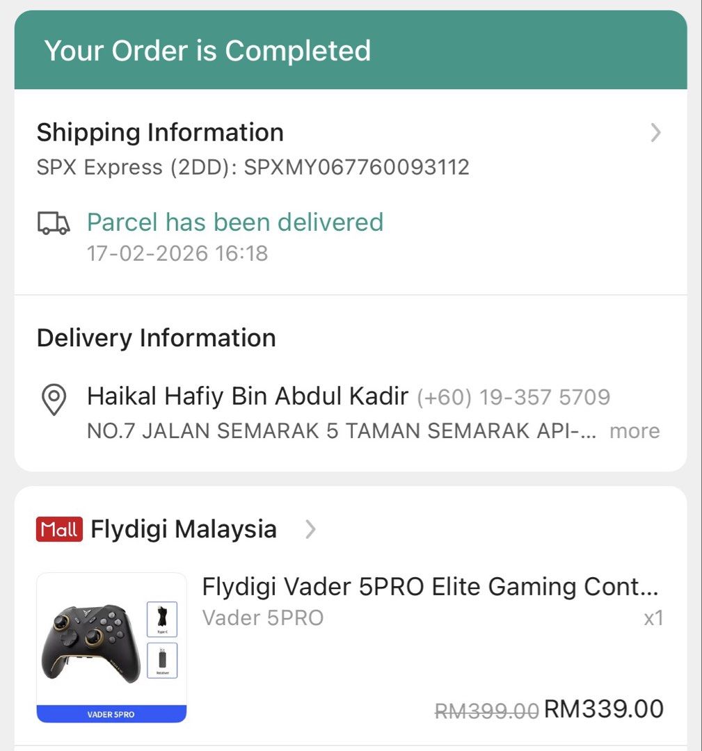Flydigi Vader 5 Pro (Category: Controllers) located in Batu Caves. Submitted by haikalhafiy (Listing ID 1441921864, Image 3). Description: Perfect condition. Urgent sell. Bought it on Feb 2026. Barely even use due to busy with work (plus Wuthering Waves storage update too big lol). More info to seriously buy (like pic or whatsoever) can contact me directly via WS - O1935757O9 Include : Controller itself Flydigi Dongle Control Freak Thumb Grip Con