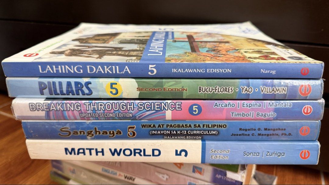 Grade 5 Textbooks: Math, Science, Filipino, Social Studies (Category: Textbooks) located in Quezon City. Submitted by aini29 (Listing ID 1441855422, Image 1). Description: - Bundle of Grade 5 textbooks - Publisher: C&E Publishing, Inc. - Subjects included: - Math World (Second Edition) - Breaking Through Science (Updated Second Edition) - Sanghaya Wika at Pagbasa sa Filipino (Ikalawang Edisyon) - Pillars Progressive Integrated Language Learning a