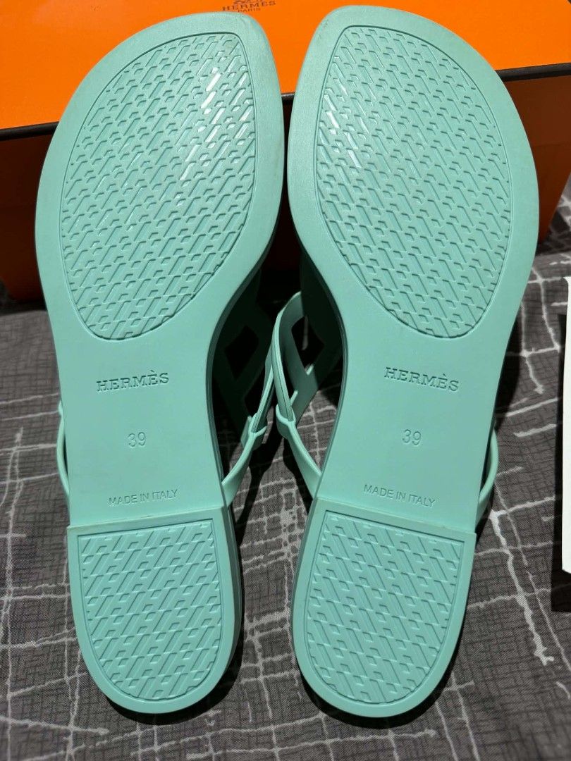 Hermes Egerie Sandals Mint Green (Category: Flats & Sandals) located in Quezon City. Submitted by dalellarena (Listing ID 1441965894, Image 2). Description: Authentic Hermes Egerie Sandals - Color: Mint Green - Material: Rubber - Size: 39 - Includes: OR, original box, dust bags, and paper bag - Perfect for: Beach or casual wear - Condition: used twice on special occasions only RFS: decluttering/masikip na daw sa wife ko Loc: Tondo Manila or Landm