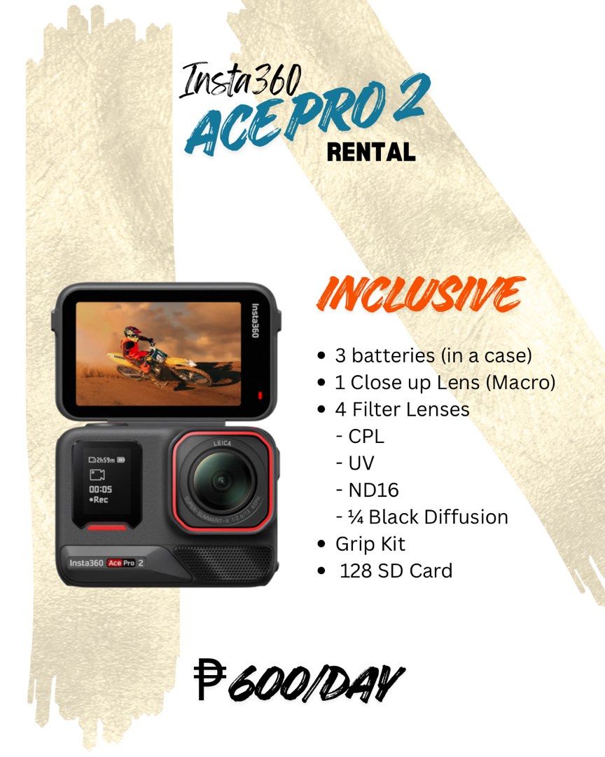 Insta360 Ace Pro 2 RENTAL (Category: Cameras) located in Manila. Submitted by xoxotineso (Listing ID 1441965568, Image 1). Description: - Rent the Insta360 Ace Pro 2 for your next adventure! - Package includes: - 3 Batteries in a case - Close-up Macro Lens - 4 Filter Lenses (CPL, UV, ND16, 1/4 Black Diffusion) - Grip Kit - 128GB SD Card - Perfect for capturing all your action shots. - Daily Rental Rate: P600/day.