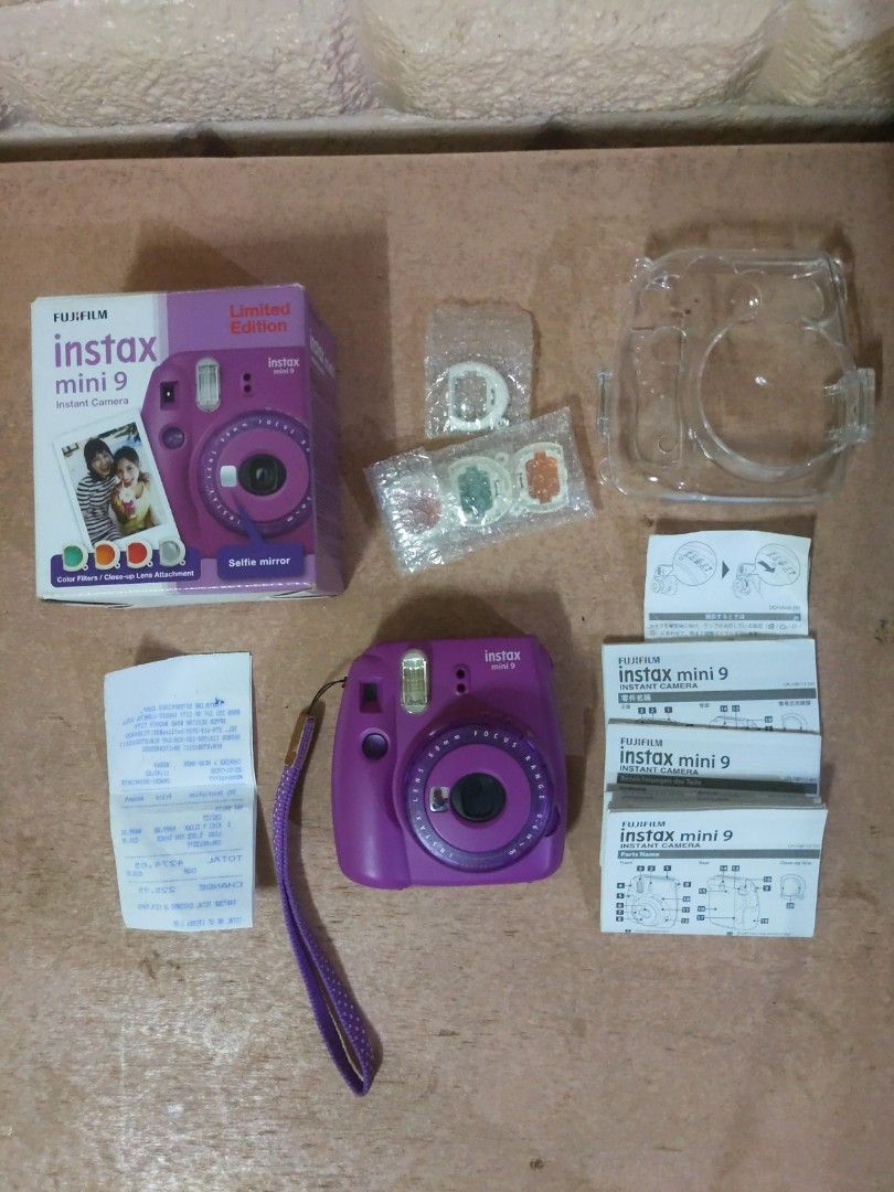 Instax Mini 9 Purple Limited Edition (Category: Cameras) located in Baguio. Submitted by fosterthe (Listing ID 1441884735, Image 3). Description: Instax Mini 9 Purple Limited Edition Complete with box, color filters attachment, Instax strap, and third-party clear case Instax film and battery also included. Unit is lady-owned so it is used with care. There is a scratch in the unit, refer to the pictures in the listing Free shipping GCASH/JNT.