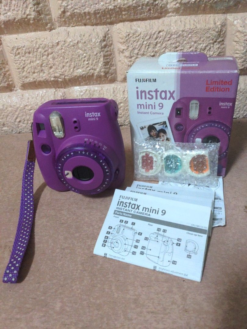 Instax Mini 9 Purple Limited Edition (Category: Cameras) located in Baguio. Submitted by fosterthe (Listing ID 1441884735, Image 2). Description: Instax Mini 9 Purple Limited Edition Complete with box, color filters attachment, Instax strap, and third-party clear case Instax film and battery also included. Unit is lady-owned so it is used with care. There is a scratch in the unit, refer to the pictures in the listing Free shipping GCASH/JNT.