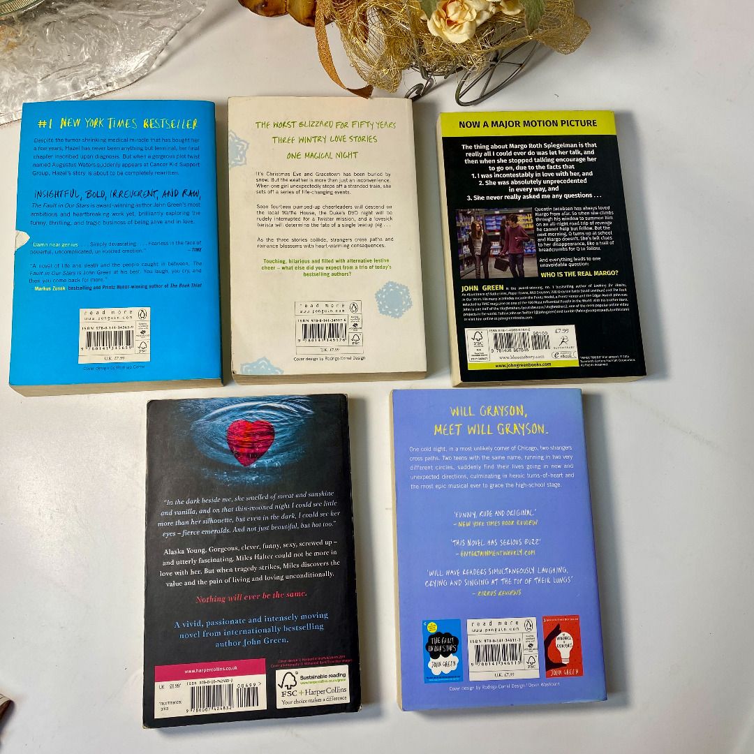 J052626-077 John Green Soft bound books (Category: Storybooks) located in Quezon City. Submitted by madiscollectibles (Listing ID 1441817067, Image 2). Description: - Price per piece 250.00 per piece - Titles included: Paper Towns, Looking for Alaska, Will Grayson, The Fault in Our Stars, and Let It Snow - Ideal for young adult readers - Books are in paperback format - May show slight yellowing on pages due to storage - Perfect collection for you