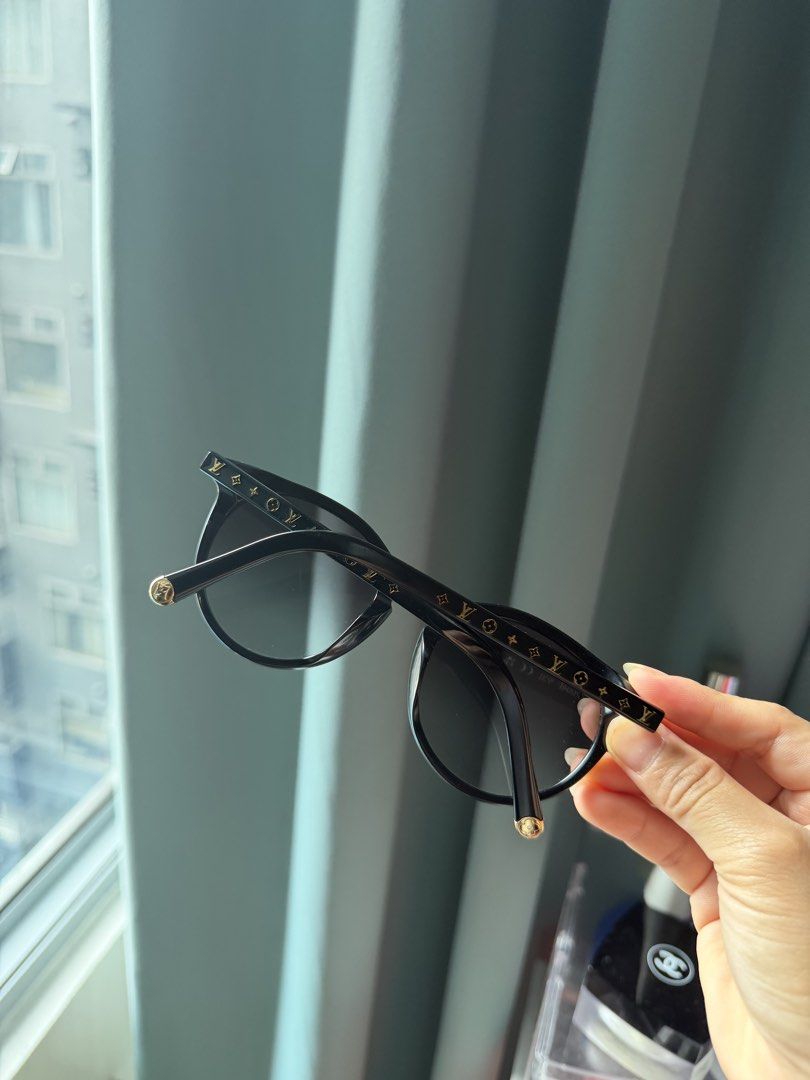 Louis Vuitton Black Sunglasses with Monogram Details (Category: Sunglasses & Eyewear) located in Dasmarinas. Submitted by joy_declutteringacct (Listing ID 1441826063, Image 3). Description: - Authentic Louis Vuitton sunglasses - Classic round shape - Black acetate frames - Gold monogram details on arms and temples - Comes with original Louis Vuitton box and dust bag - Perfect for everyday or special occasions.