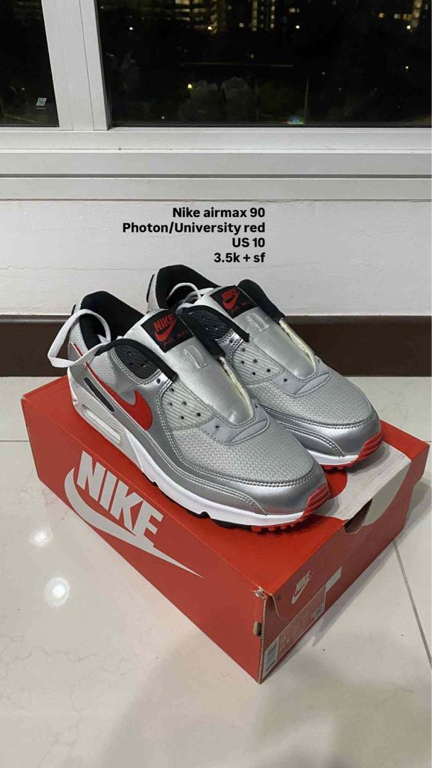 Nike airmax 90 Photon/University red (Category: Sneakers) located in Bulacan. Submitted by apparela (Listing ID 1441932843, Image 1). Description: 🪽US 10 🪽never been used 🪽with box.