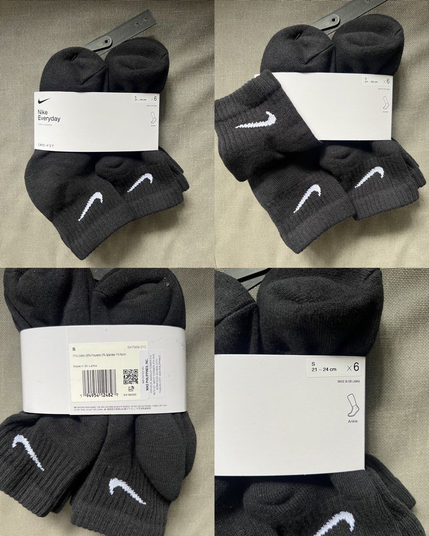 Nike Everyday Ankle Socks - Black (5pcs) (Category: Socks & Tights) located in Bulacan. Submitted by riri__ (Listing ID 1441849386, Image 2). Description: - Pack of 6 but I took 1 pair. Realised I want longer ones so selling these 5pairs unworn - Color: Black with White Nike Swoosh - Size: S (fits 21-24 cm foot length) - Ideal for daily wear and sports activities - Offers comfort and durability SRP is ₽1,045 but I bought it around 700 pesos lang 