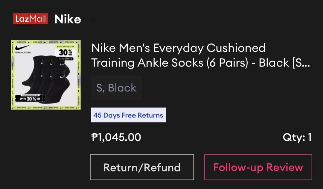 Nike Everyday Ankle Socks - Black (5pcs) (Category: Socks & Tights) located in Bulacan. Submitted by riri__ (Listing ID 1441849386, Image 3). Description: - Pack of 6 but I took 1 pair. Realised I want longer ones so selling these 5pairs unworn - Color: Black with White Nike Swoosh - Size: S (fits 21-24 cm foot length) - Ideal for daily wear and sports activities - Offers comfort and durability SRP is ₽1,045 but I bought it around 700 pesos lang 
