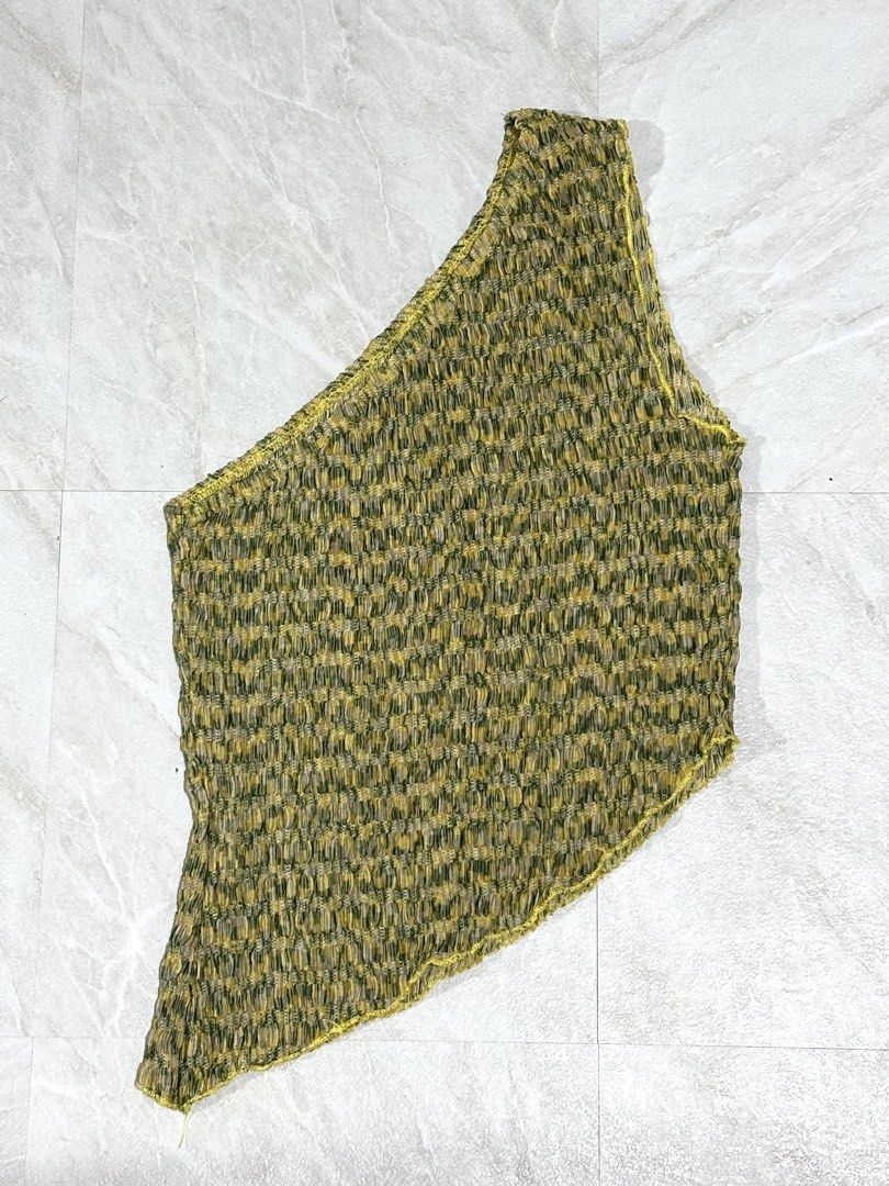 One-shoulder textured top with yellow trim (Category: Blouses) located in Marilao. Submitted by findersattic (Listing ID 1441858248, Image 1). Description: XS can fit XS-M.