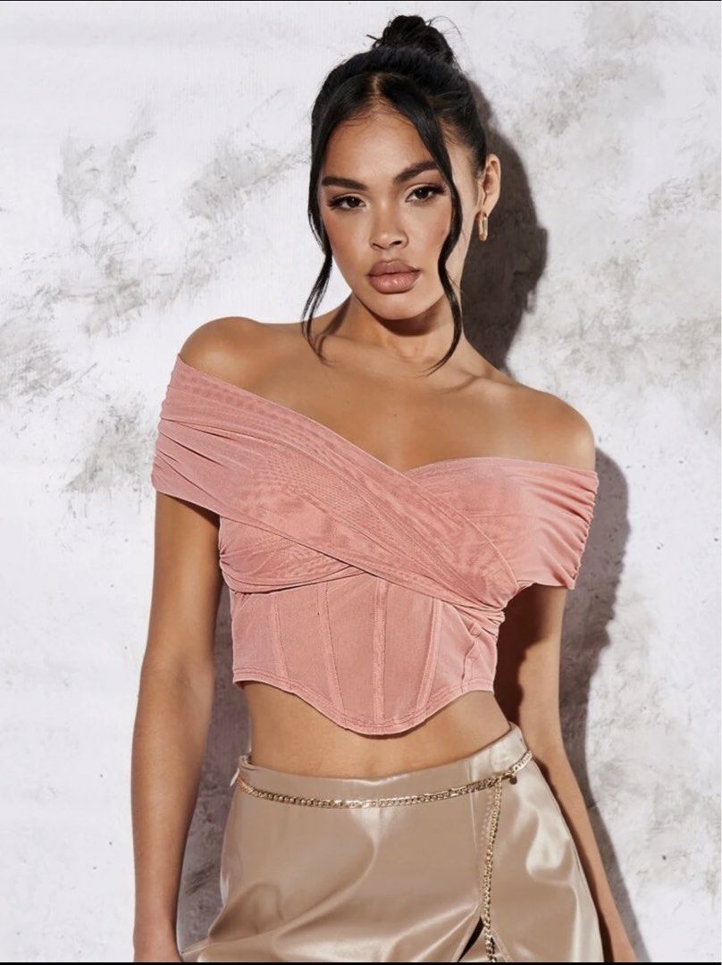Pink Off-Shoulder Corset Mesh Crop Top (Category: Others Tops) located in Manila. Submitted by epicgem.ed9efd (Listing ID 1441820778, Image 1). Description: - Cute pink mesh crop top - Off-shoulder design - Corset-style bodice with draping detail - Short sleeves - Ideal for nights out or special occasions.