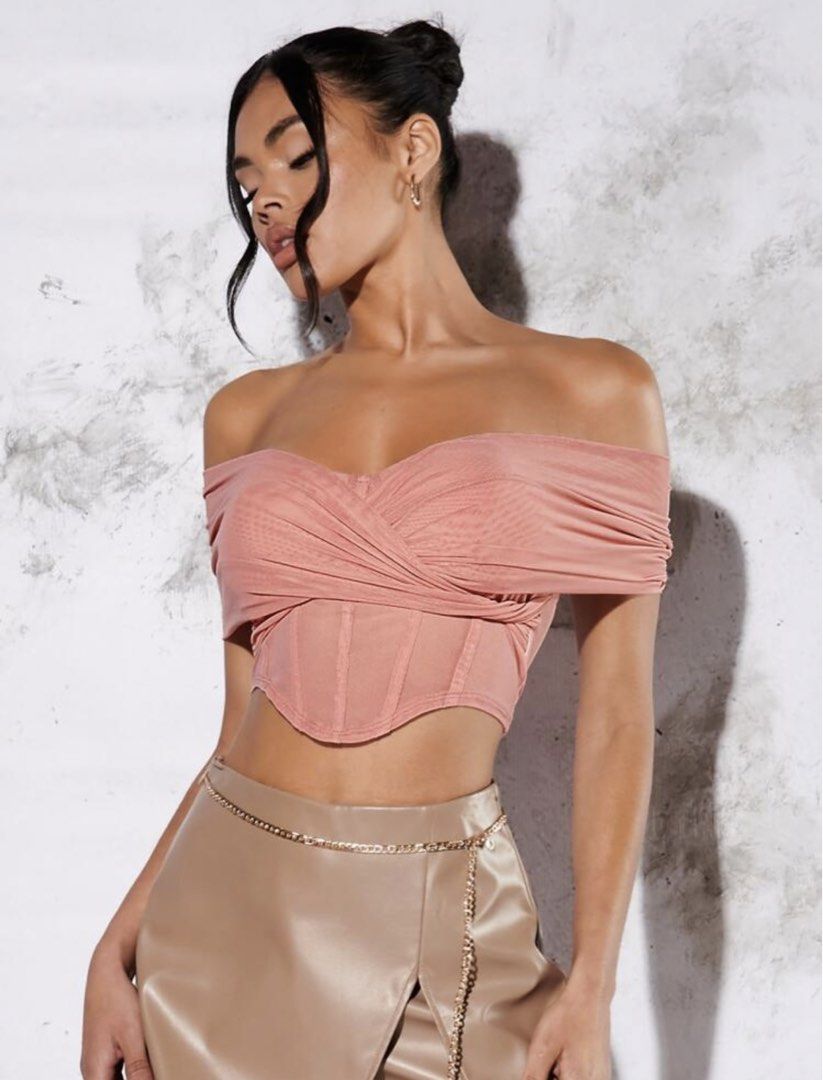 Pink Off-Shoulder Corset Mesh Crop Top (Category: Others Tops) located in Manila. Submitted by epicgem.ed9efd (Listing ID 1441820778, Image 3). Description: - Cute pink mesh crop top - Off-shoulder design - Corset-style bodice with draping detail - Short sleeves - Ideal for nights out or special occasions.