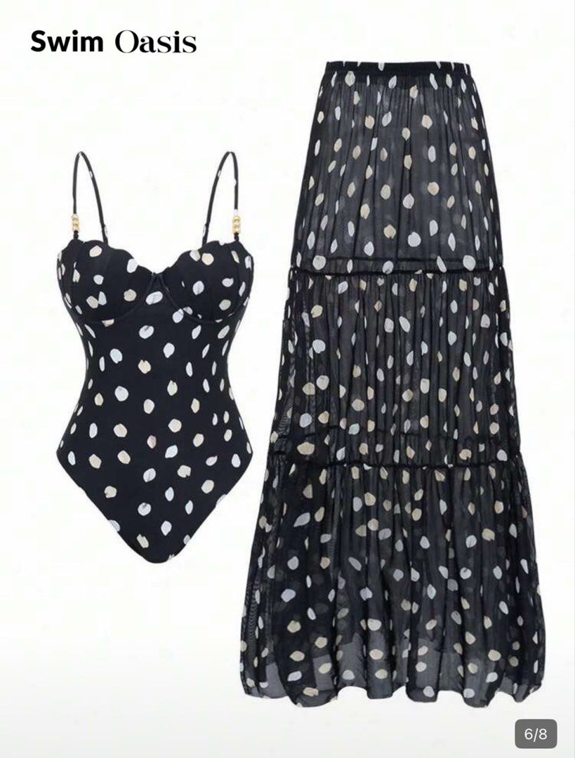 Polka dot one piece and skirt set (Category: Bikinis & Swimsuits) located in Quezon City. Submitted by scxco (Listing ID 1441870064, Image 3). Description: BRAND NEW - really good quality and looks flattering! - one piece swimwear still with protective tape!! - size: medium rfs: bought wrong size:(( .