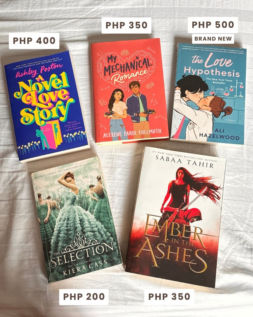 Pre-Loved/Second Hand books for Sale (Category: Storybooks) located in Caloocan City. Submitted by leika35 (Listing ID 1441810579, Image 1). Description: The Love Hypothesis - brand new (in plastic) My Mechanical Romance - well used A Novel Love Story - like new An Ember in the Ashes - well used The Selection - Heavily used.