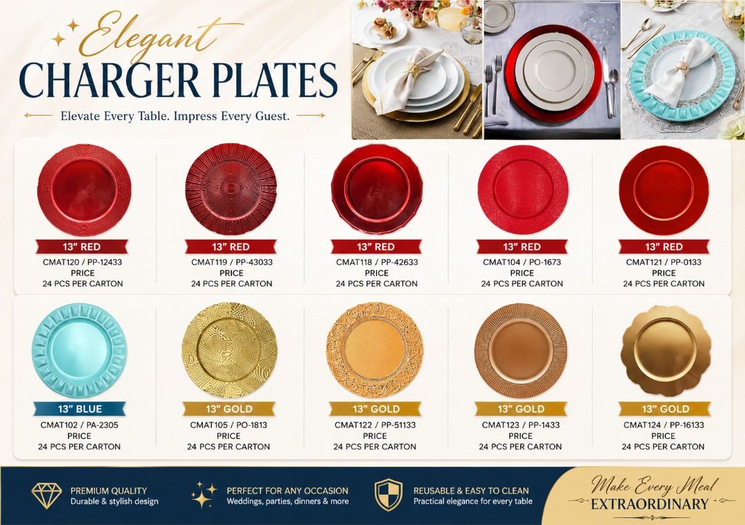Premium Charger Plates Available! (Category: Dinnerware & Cutlery) located in Manila. Submitted by cartelcomnl (Listing ID 1441842494, Image 1). Description: Premium Charger Plates Available! Elegant • Durable • Reusable Perfect for weddings, catering, restaurants, grazing tables, parties, and special events. 📩 Message us now for orders and inquiries!.
