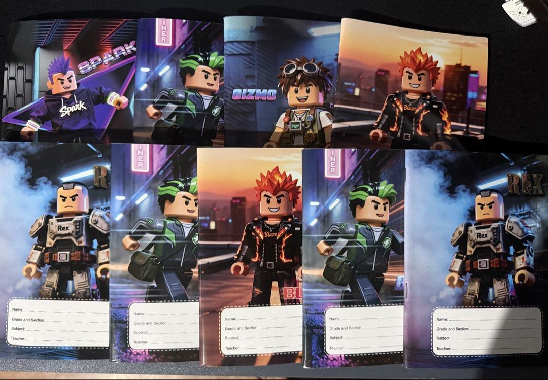 Roblox Character Notebooks - Set of 9 (Category: Laptops & Notebooks) located in Malabon City. Submitted by annshopable_ (Listing ID 1441869034, Image 1). Description: - Set of 9 Roblox Character Notebooks - Features popular Roblox characters like Spark, Gizmo, Blaze, and Rex - Perfect for school, notes, and drawing - Great for Roblox enthusiasts With free plastic cover included..