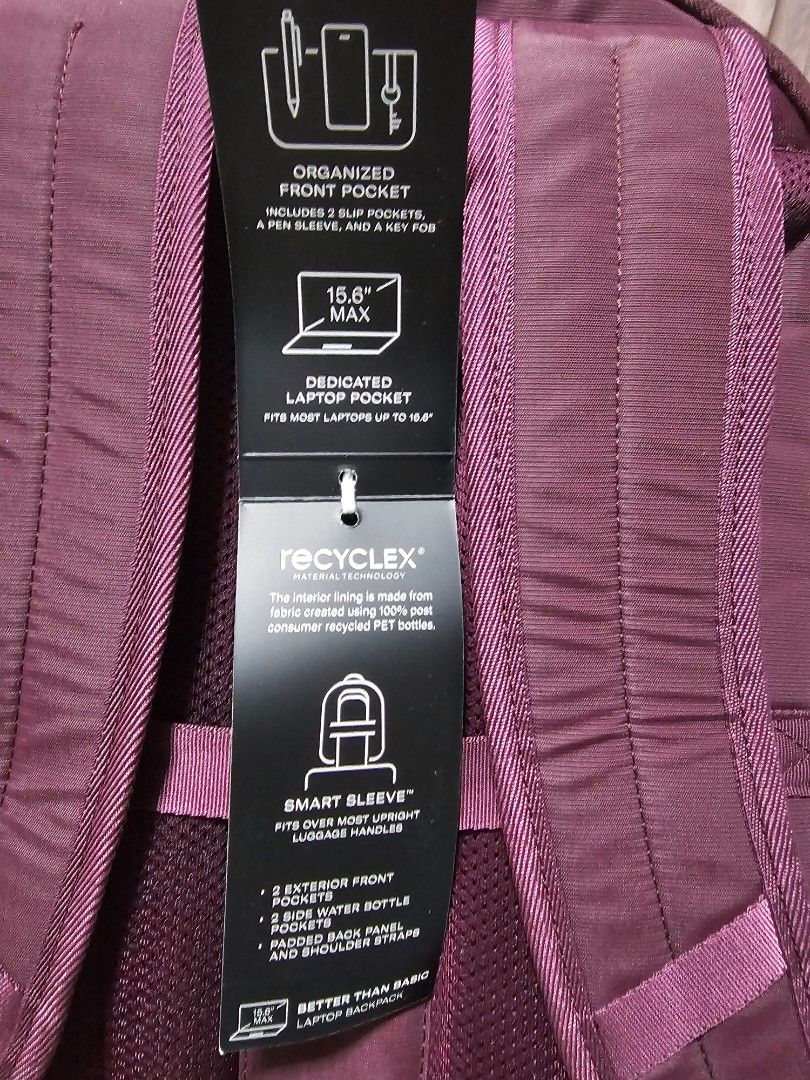 Samsonite Backpack - Purple - Laptop Compartment (Category: Backpacks) located in Davao. Submitted by dahl957172787 (Listing ID 1441945939, Image 3). Description: - Purple Samsonite backpack - Dedicated laptop pocket fits up to 15.6" laptops - Organized front pocket with pen sleeve and key fob - Made with recycled materials - Smart sleeve for luggage attachment.